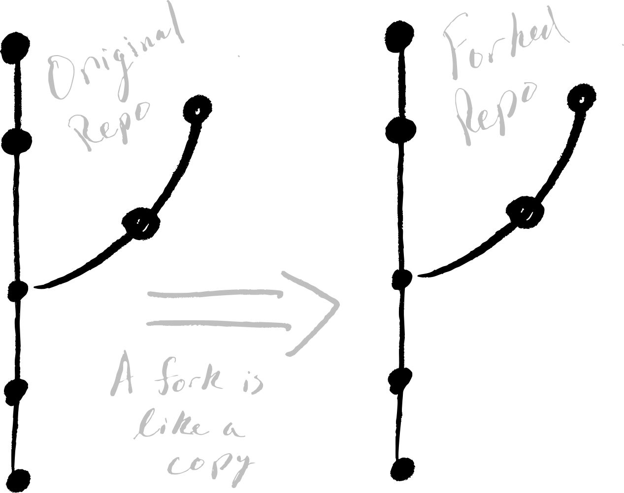 Forked repo to the right of original repo complete with exact history